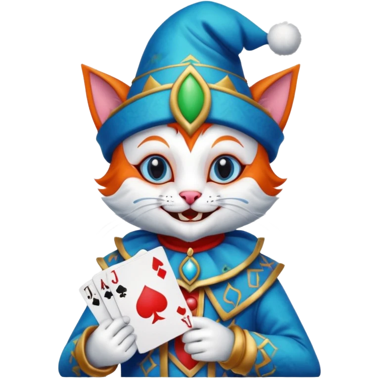 crazy colorful cute little cat jolly joker from poker, medieval, vintage, court jester, mac os icon, blue color, holds poker cards (clearly detailed and precise) emoji