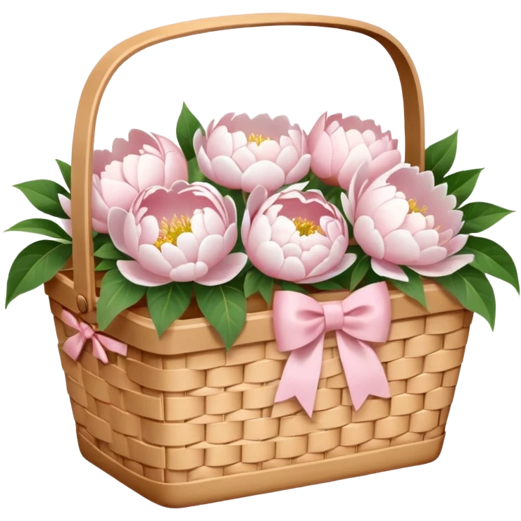 White Picnic basket with light pink bow and white peonies inside emoji