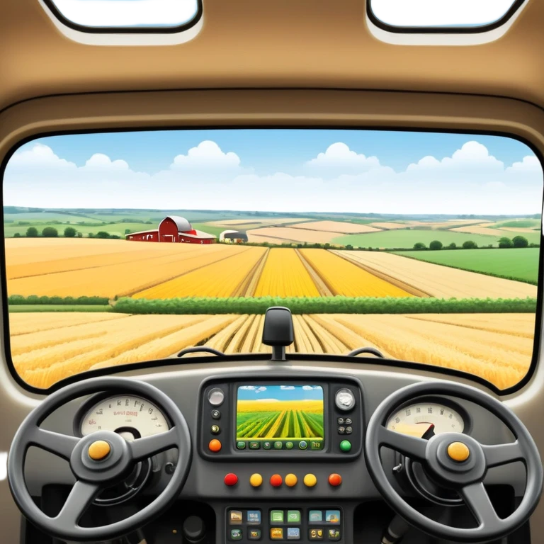 a view from the tractor cabin, with the dashboard in focus, overlooking a vibrant rural landscape. Inspired by Farming Simulator 22, the scene includes fields, crops, and distant barns under a bright sky. The design highlights the immersive experience of farm management. transparent background emoji