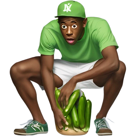 Tyler the creator grappling a pickle in between his legs while squatting emoji