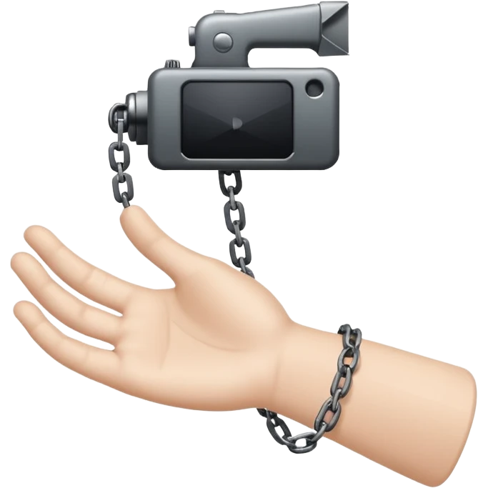 Minimalist emoji-style sticker of a human hand bound by a chain leading to a video camera. Icon-like, clean silhouette, muted tones. emoji