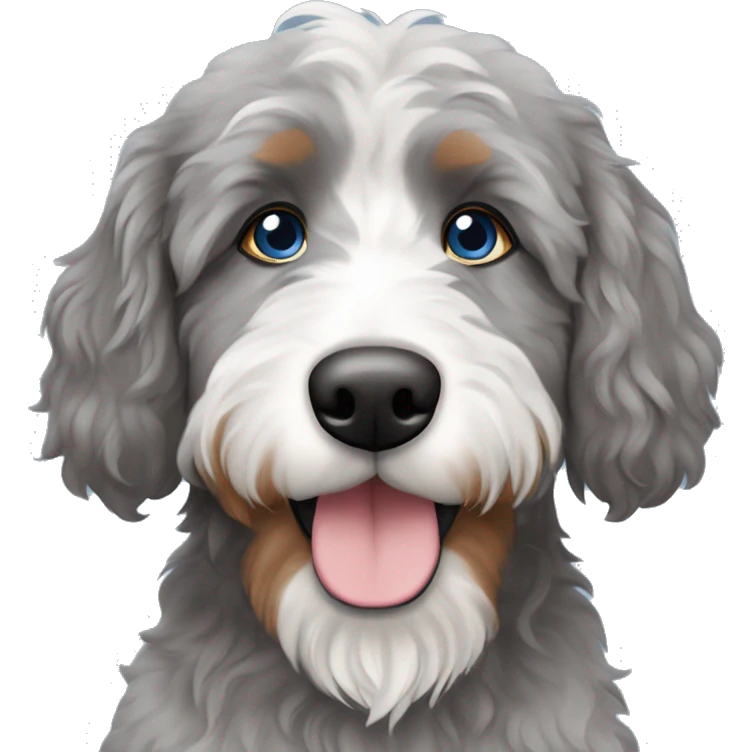  grey bernedoodle with a blue and brown eye emoji