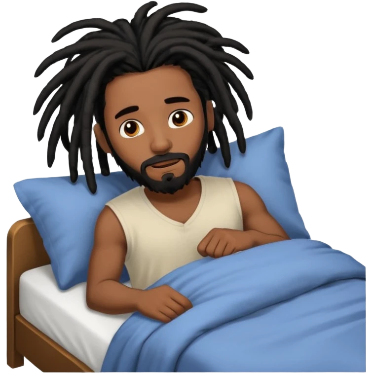 African American man with shoulder length black dreadlocks with black beard waking up out of bed emoji