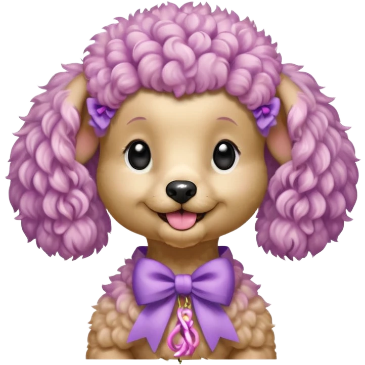 Peach-colored poodle with a narrow, short-haired face, hairstyle like Artemone. Long fluffy ears, each with a thin braid tied with a pink bow at the end. Happy face, smiling. A lilac branch in the mouth. emoji
