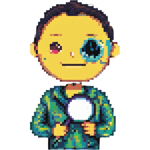 man with magnifying glass, raised eyebrows, smiling, pixel art style emoji