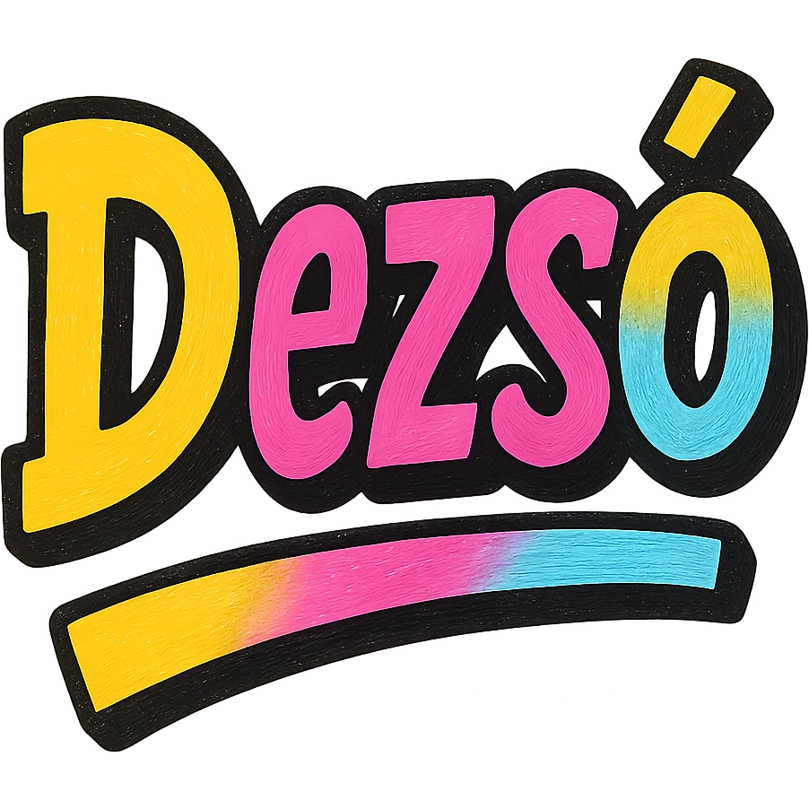 The name 'Dezső' in a modern, colorful gradient font with a dark outline, dynamic, slanted or partial underline, in the style of reference patterns. emoji