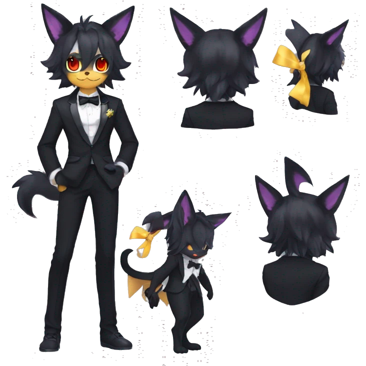 Shiny Dark Cool Edgy Black beautiful ethereal fantasy Kawaii Sona Umbreon-Litten-Fakemon-cat-animal with edgy bat-ears bow tie black emo-mane vtuber model Full Body emoji