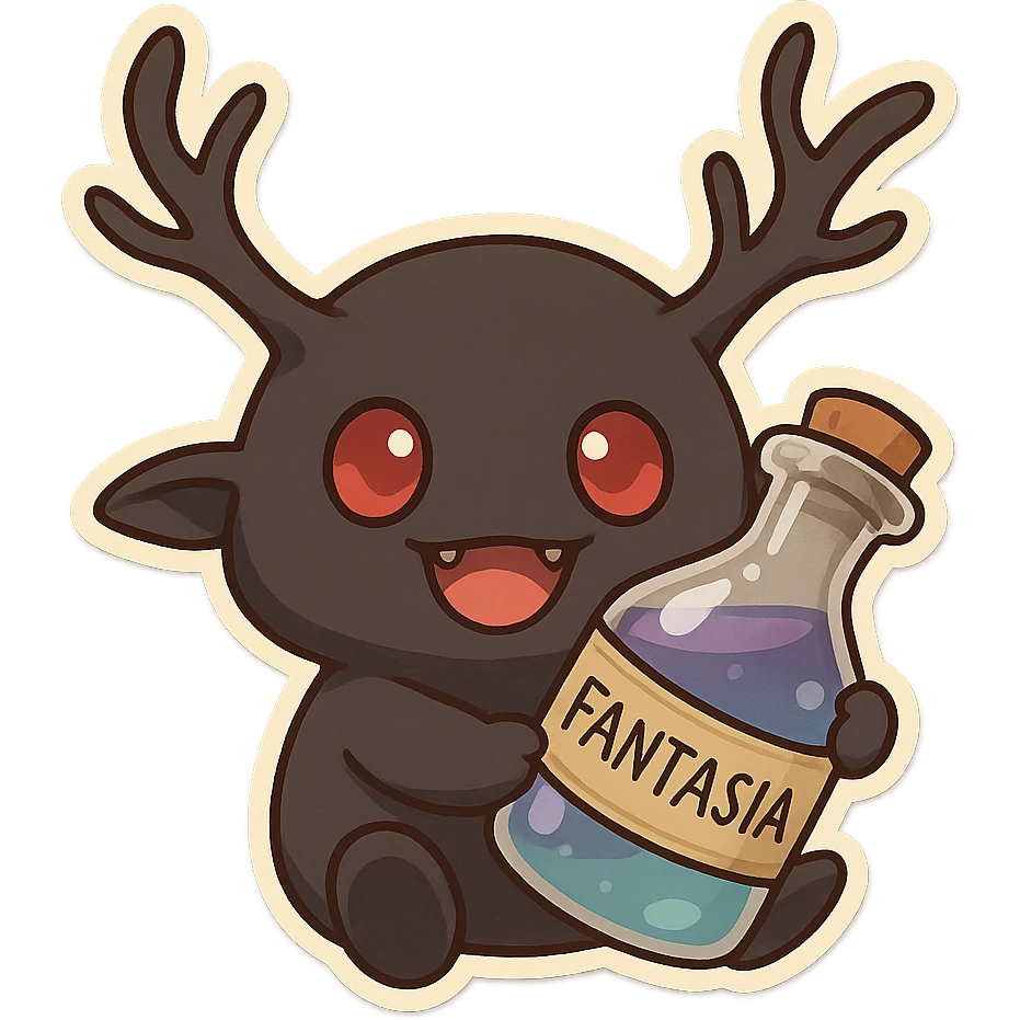 Final Fantasy spriggan holding a bottle of Fantasia, adorable and expressive chibi stickers style emoji