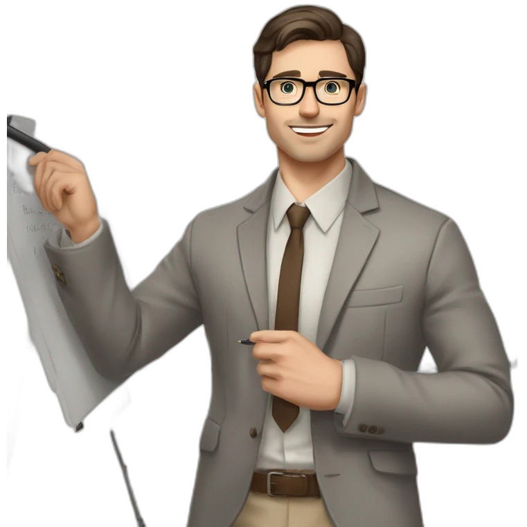 Pale skinned fit man with dark brown hair in gray jacket, beige office shirt, brown tie, brown pants and vintage glasses Writing text on the flipchart emoji