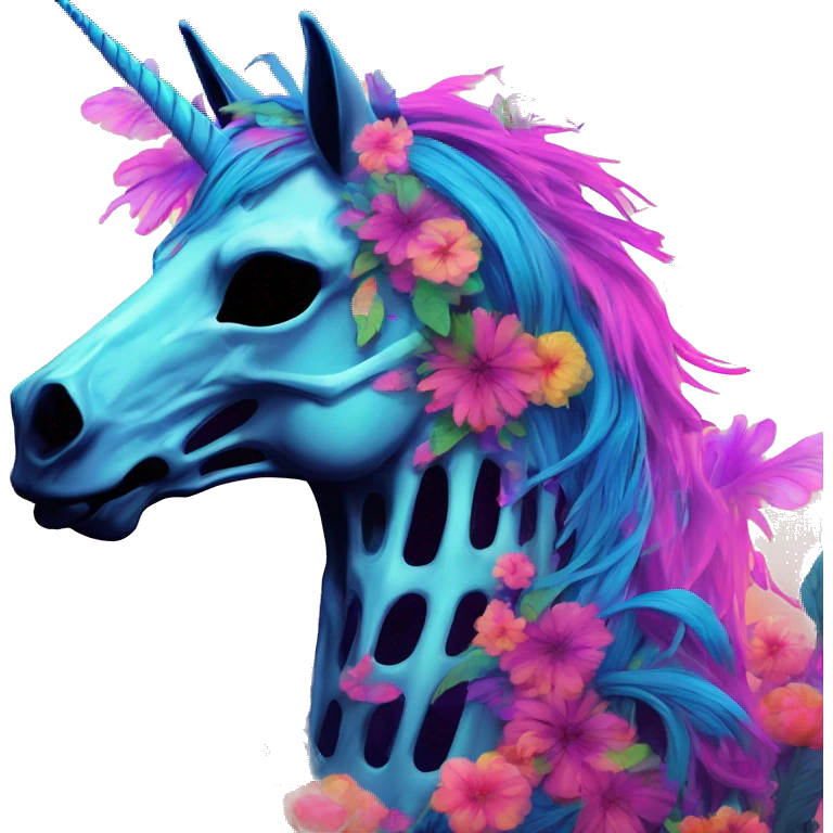 Neon Zombie Pegasus unicorn skeleton psychedelic flowers floral groovy art neon rave raving emoji