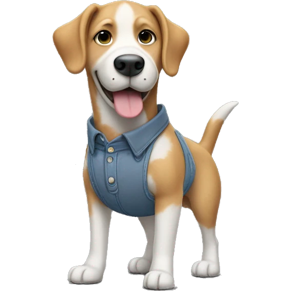 a dog standing on his feets wearing shirt, pant , shoes with his hand inside pocket and smiling  emoji