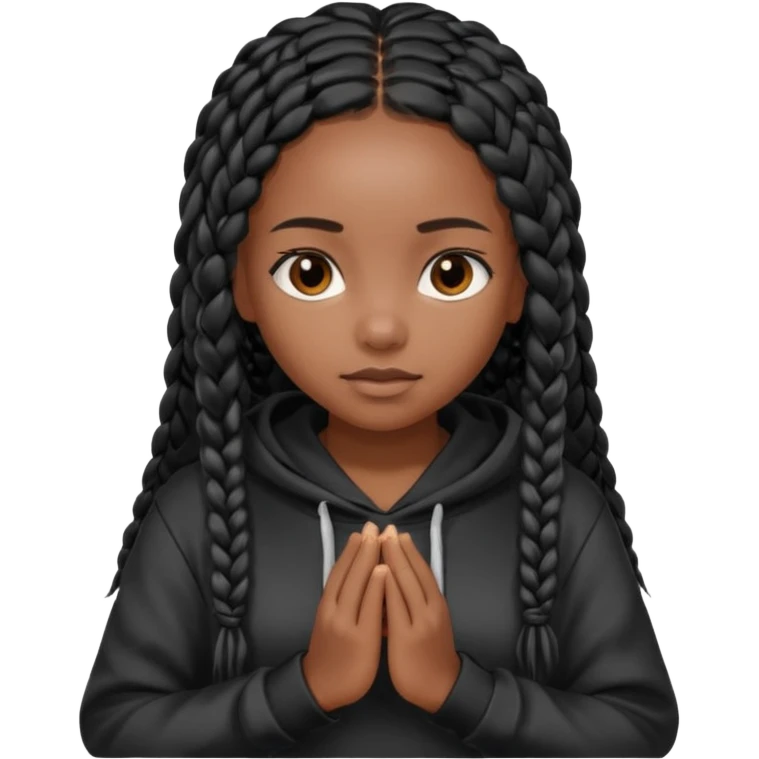 African American dark skin girl with long black box braids wearing a black hoodie with hands folded together emoji