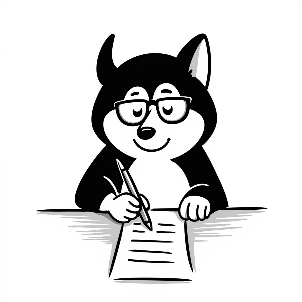 A husky dog with glasses is writing something emoji