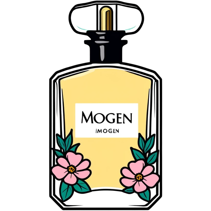 Vintage perfume bottle with flowers and Imogen name emoji