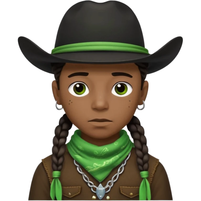 Black boy with three braids near each eye wearing a black cowboy hat with green bandana around his neck emoji