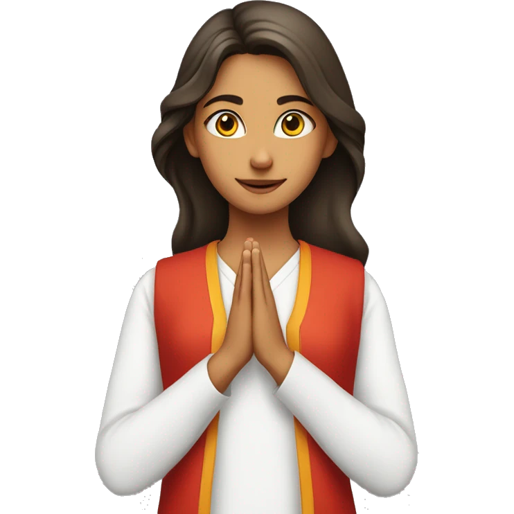 A teenage girl wearing plain white v  neck kurty, with no designs . She is also wearing red modi jacket. She is joining her hands a praying  emoji