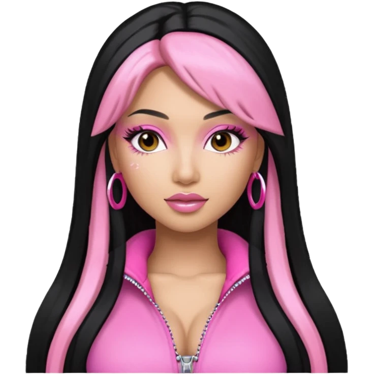 Nicki Minaj long black hair with pink highlights, pink outfit emoji