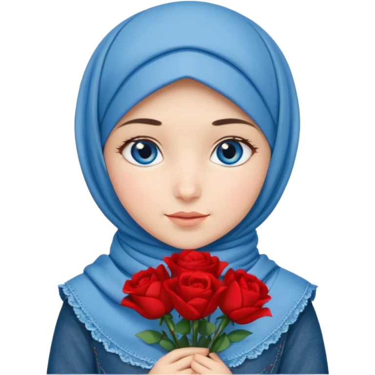 Turkish beautiful finish Konya girl blue eyes with denim bow hijab islamic dress and had on her hand red bouquet  emoji