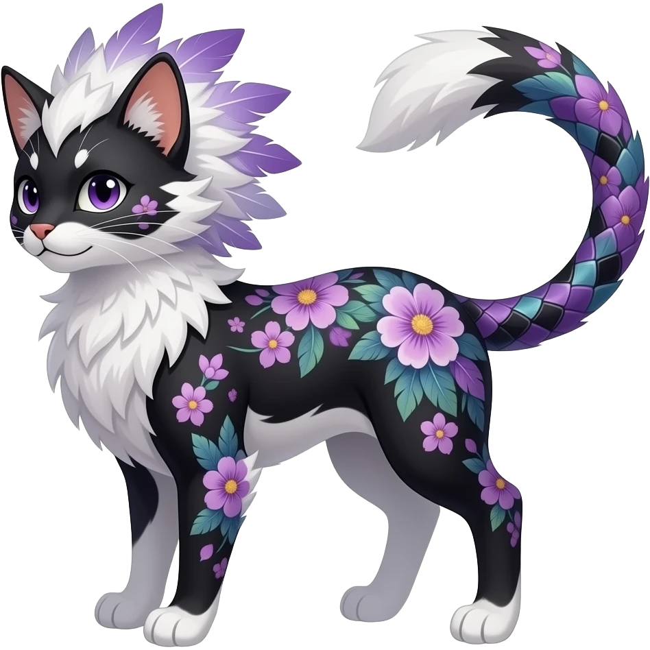 Floral-patterned Slim stylish feather-maned elegant realistic Asian Furry, feathery fluffy tropical flecked painted feathery scaly, Purple, white, black, Minccino-Bambino-Lykoi-Linoone-Zangoose-fusion-hybrid-animal-Fakémon-creature, full body, thin long sleek scaly tail, intricate markings emoji