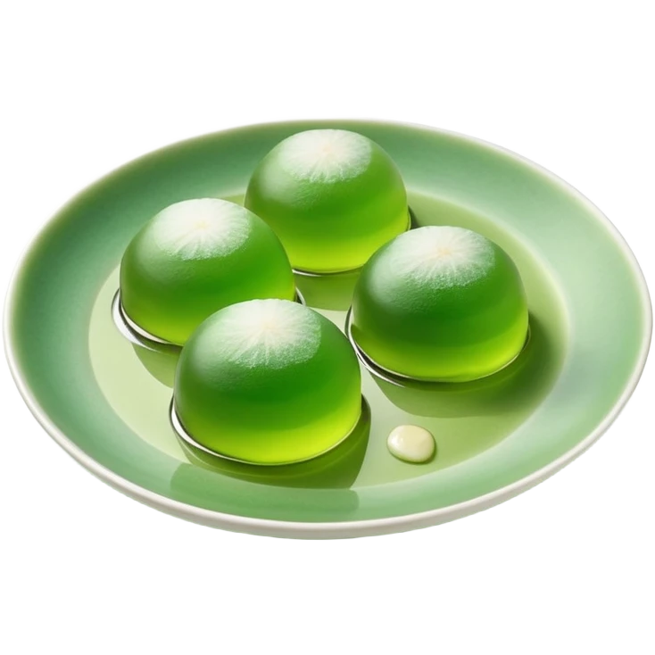 four green spherical warabi mochi on the plate emoji