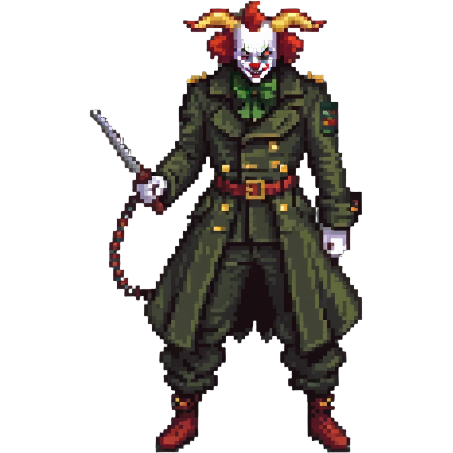 evil clown soldier, bald, small black horns on forehead, fangs, pointed ears, eye patch over one eye, long coat over black and military green clothes with bellbottom pants, tail, holding an Indiana Jones-style whip, realistically proportioned, less bulky, full body, fighting stance emoji