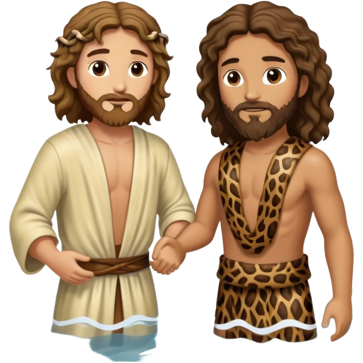 wavy hair John the Baptist, animal skin clothes, meets Jesus in the water, they have clothes on emoji