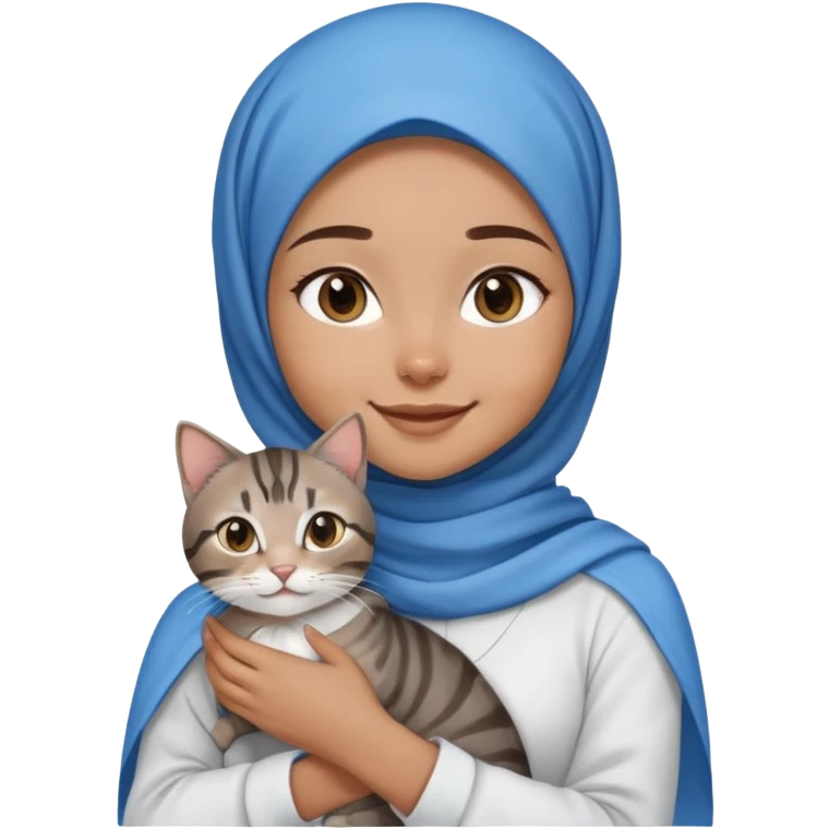 Girl wearing blue hijab with white shirt smiling while holding a black brown grey tabby cat emoji