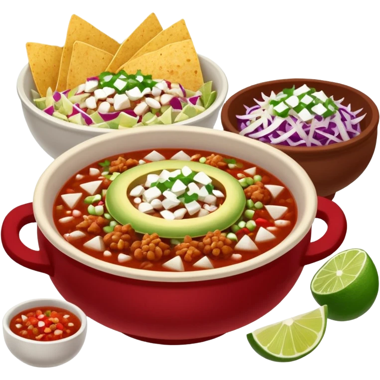 A delicious hot bowl of pozole rojo with sides next to the bowl in separate bowls each: chopped onions, shredded cabbage, lime wedges, red chile de arbol salsa, and full round tostadas emoji