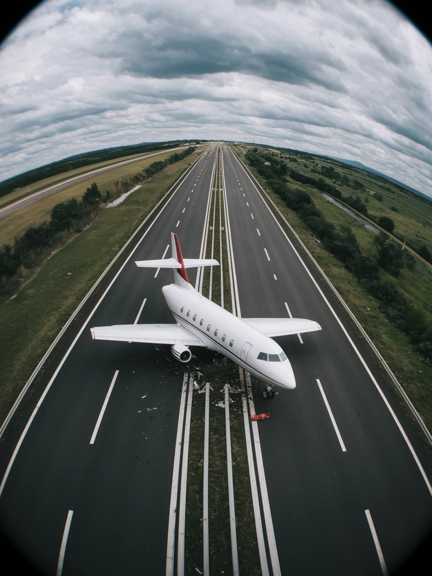 Cinematic still of a plane crash on highway, captured by gopro hero with effect fisheye emoji