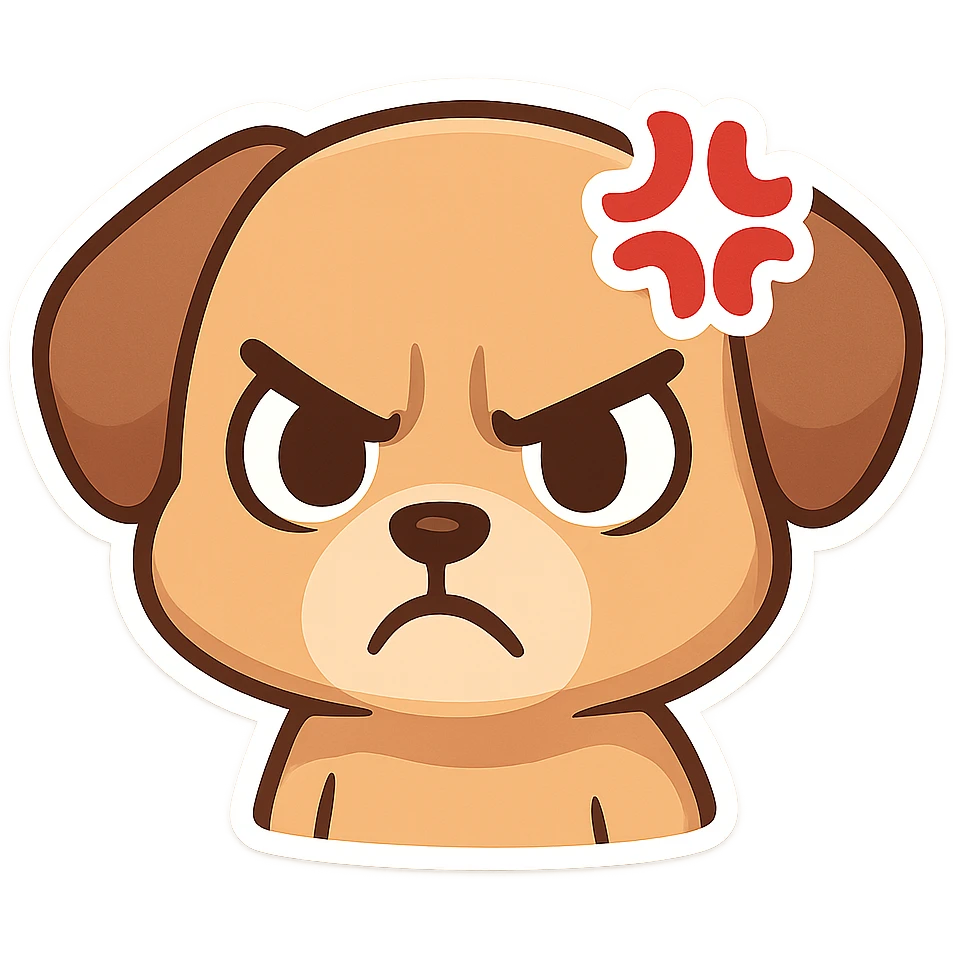 angry cartoon dog emoji, furrowed brows, ideal for Twitch chat emoji
