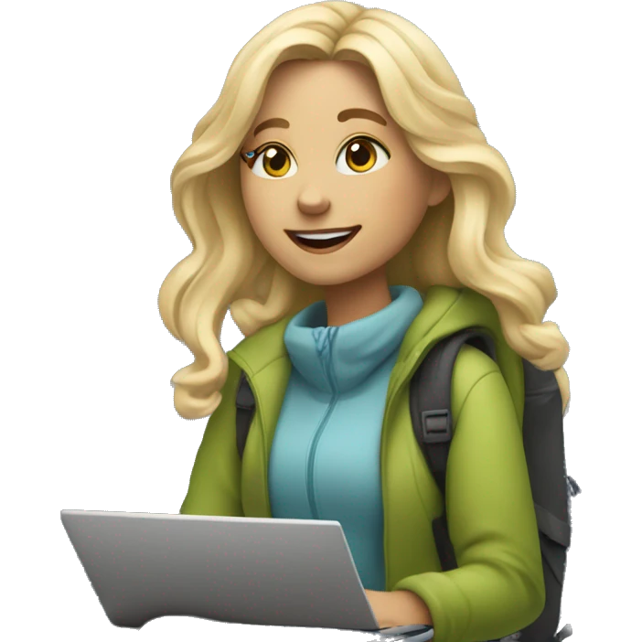 Remote blonde girl with a laptop on the mountain slopes ⛷️ emoji