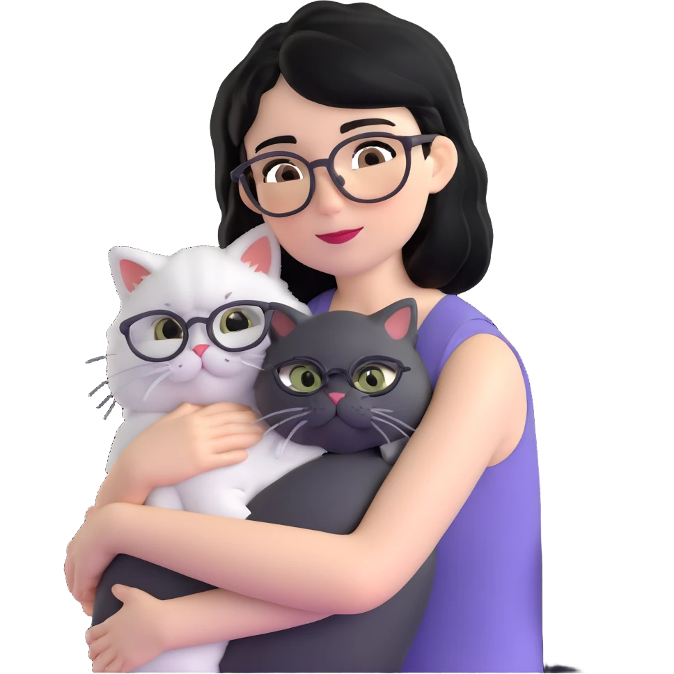 Skinny woman with oval glasses, shoulder length straight black hair, wearing white sleeveless top, hugging a grey Persian-Angora cat, plain background emoji