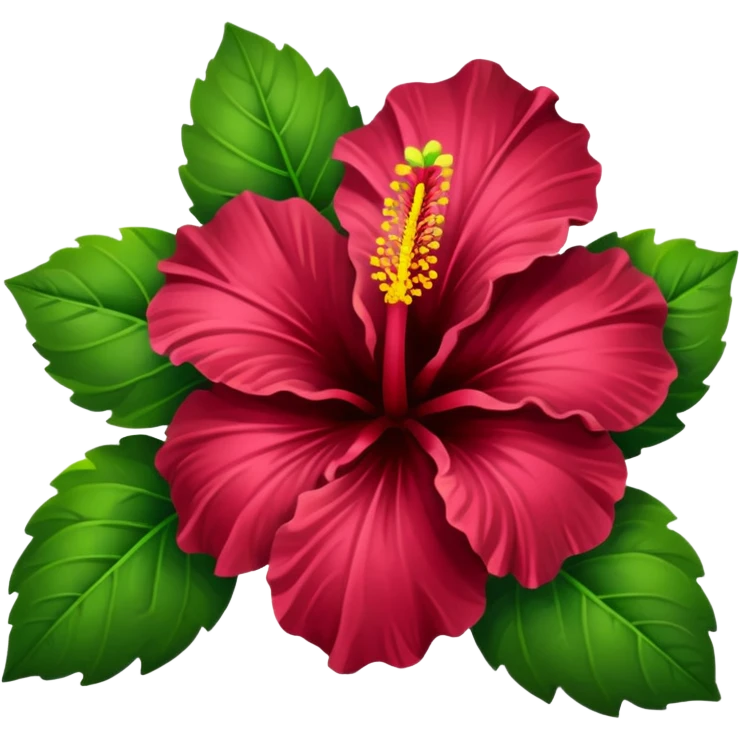 Realistic, detailed, 3D rending, dark burgundy color Hibiscus HIbiscus, with dark and bright green leaves emoji