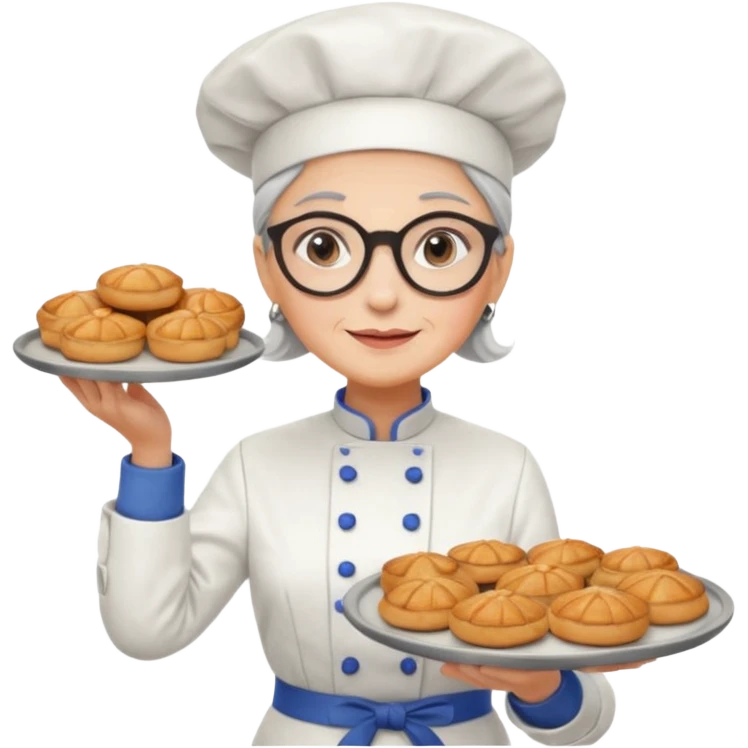 Older female pastry chef – round glasses, oven mitts on, holding a tray of pastries.

 emoji