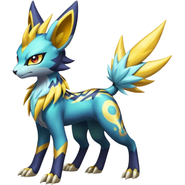 Shiny colorful exotic Feral Scaly Striking Slaying Badass Evil Handsome Lightning-patterned Zig-zagged buzzy fuzzy Meloetta-Renamon-Luxray-Cobalion-Suicune-Vernid-fusion-hybrid-creature, full body  emoji