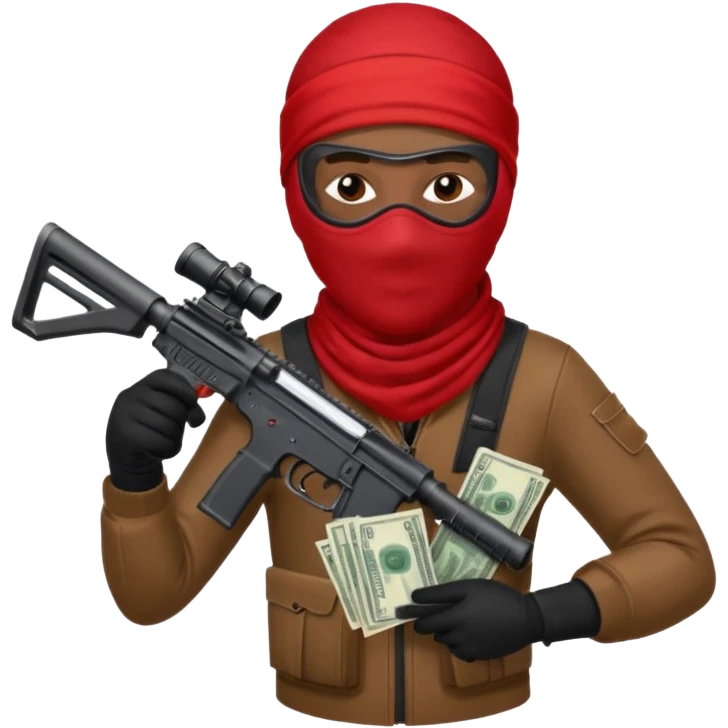 Brown skin Robber with ski mask and ar-15 in red bandana outfit throwing money emoji