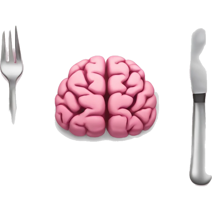 A white food plate with a knife and fork on either side. A pink brain is on the plate emoji