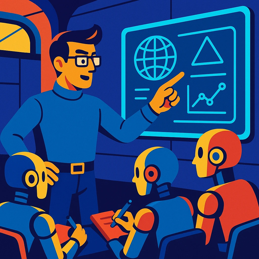 A futuristic classroom scene with a human teacher pointing at a holographic blackboard while androids take notes emoji