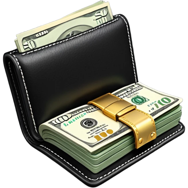 Rich emoji style black leather wallet with dollar bills, luxury money vibe, premium 3D emoji, ultra clean, high detail, no background
 emoji