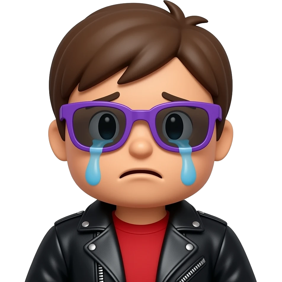 Crying Roblox POCOYO boy avatar emoji, brown hair, purple sunglasses, black leather jacket, red shirt with... emoji