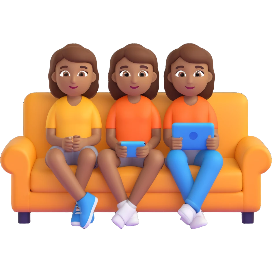 two brown-skinned teens sitting on a couch, 3D emoji style emoji