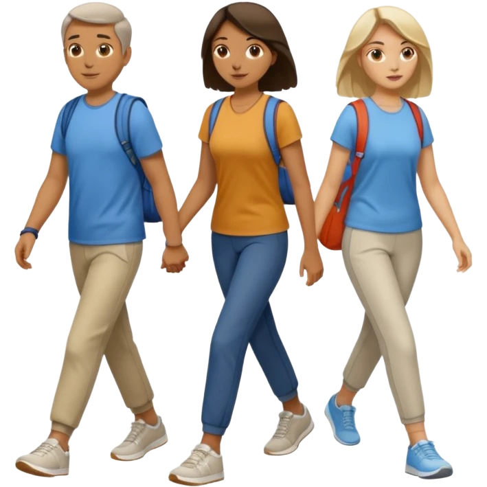 iOS emoji style - a men and 2 women in casual clothes and wearing trainers. Walking in the same direction quickly together. 
Not holding hands. No backpacks. 
 emoji