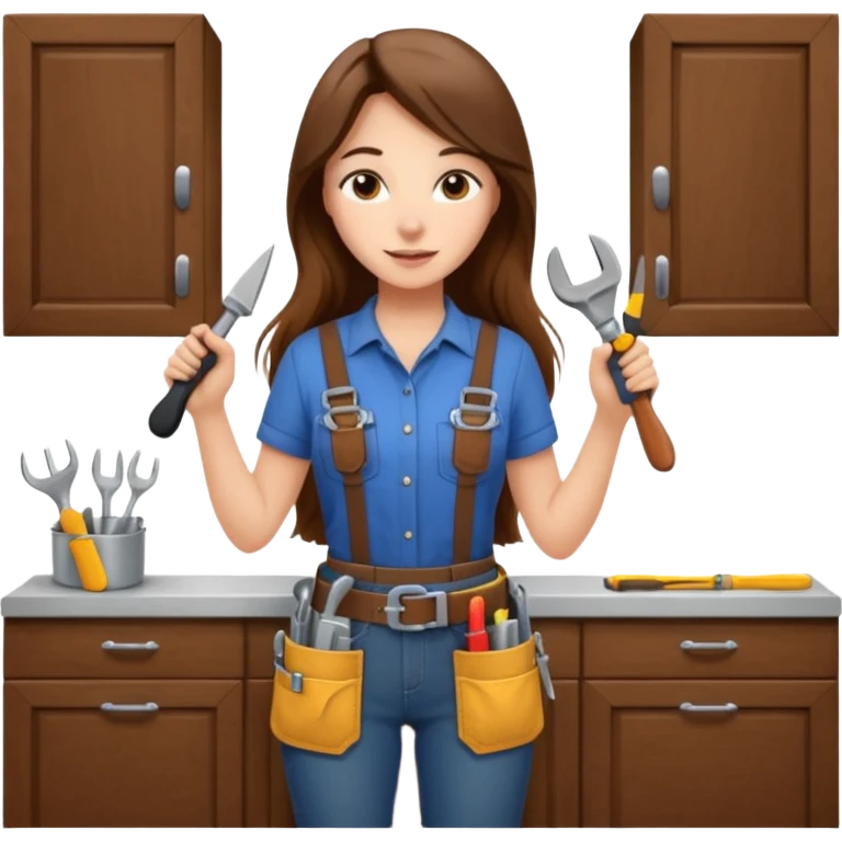 beautiful girl with long brown hair constructing new kitchen cabinets emoji
