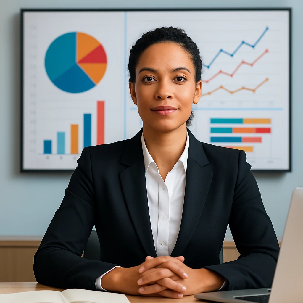 A mixed race female executive at a desk, with charts and graphs in the background, exuding leadership and success. emoji