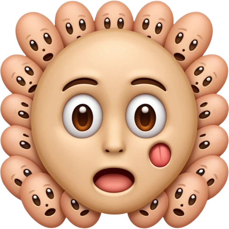 I want an emoji with a bunch of phallic-like objects surrounding them, and the emoji’s face should show fear. The main emoji should look more like a standard emoji face, and the objects around him/her don’t need to have faces too. They should just be a bunch of penis-shaped things emoji