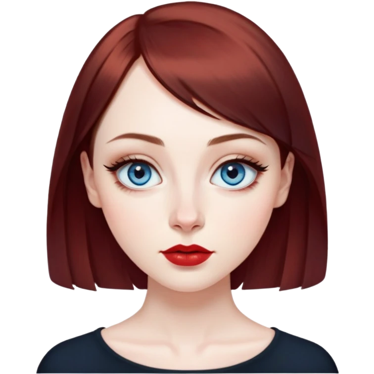 Artistic young woman with pale skin, oval face, large expressive blue eyes with eyeliner, thin arched eyebrows, small nose, full lips with red lipstick, dark auburn hair that's straight with slight waves at ends, straight bangs, wearing a black top, warm creative expression emoji