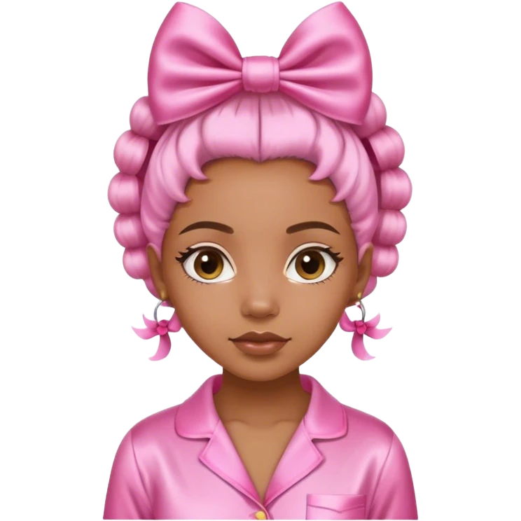 light skin black girl in pink satin pajamas doing skin care wearing bows on her hair emoji