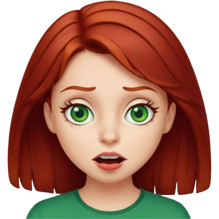 Dark red haired girl with green eyes making a silly face emoji