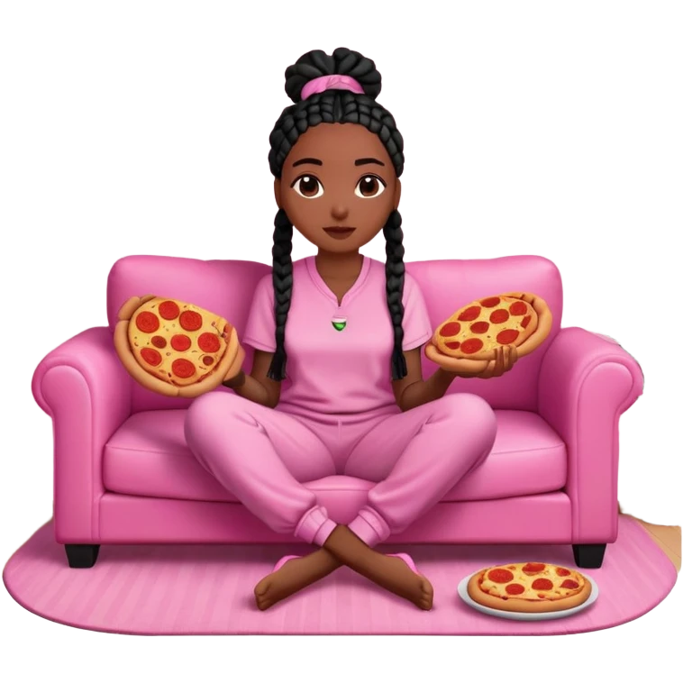 A dark-brown-skinned Black woman with black box braids, sitting on a pink couch, holding an open pizza.She’s wearing comfy loungewear, looking relaxed and enjoying her food. emoji