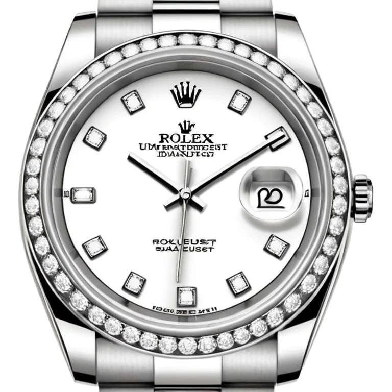 Crie um emoji com essas especificações: Um Rolex Datejust "Iced Out" prateado, totalmente coberto por diamantes na caixa, luneta e com diamantes na pulseira Jubilee. O mostrador possui fundo cravejado com diamantes (pavé), algarismos romanos pretos e lente de aumento na data. emoji